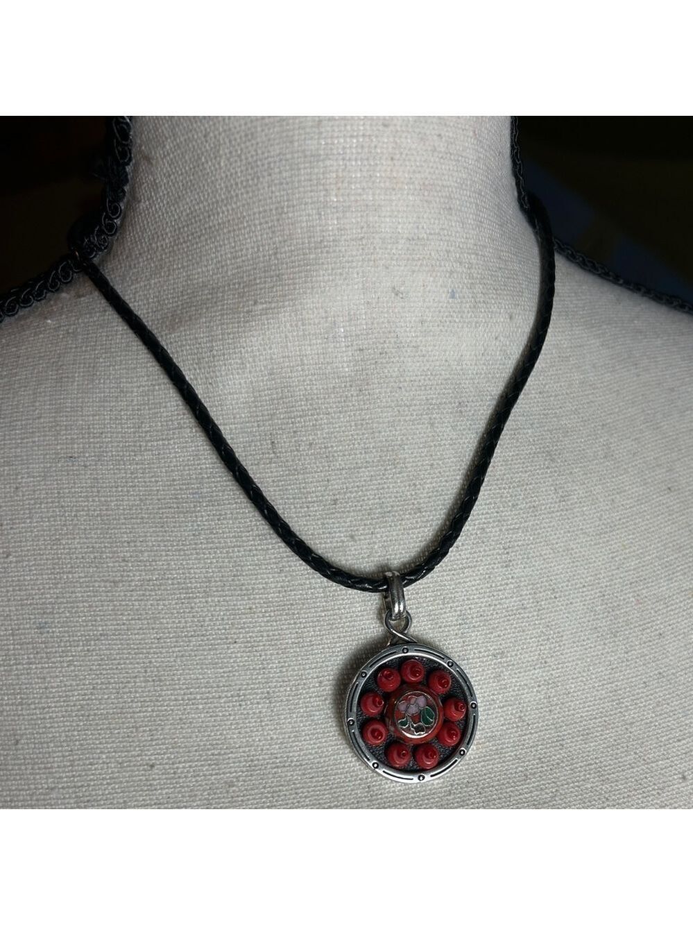 Brighton Pagoda Necklace Leather Cord Chain Silver Plated Red Green Medallion - Picture 3 of 13